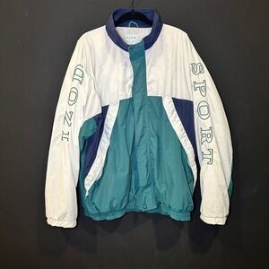 Vintage IZOD Sport Jacket Mens XL Windbreaker Green Blue Color Block Spell Out